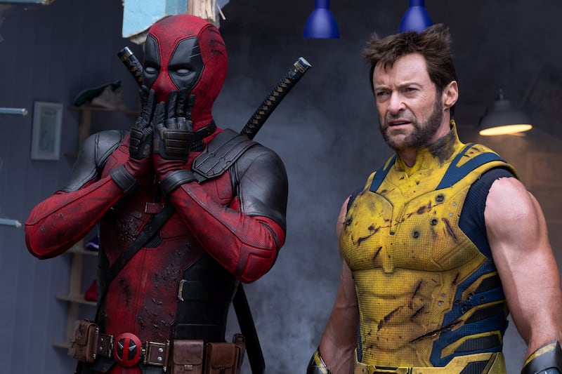 (L-R): Ryan Reynolds as Deadpool/Wade Wilson and Hugh Jackman as Wolverine/Logan in 20th Century Studios/Marvel Studios' DEADPOOL & WOLVERINE. Photo by Jay Maidment. © 2024 20th Century Studios / © and ™ 2024 MARVEL.