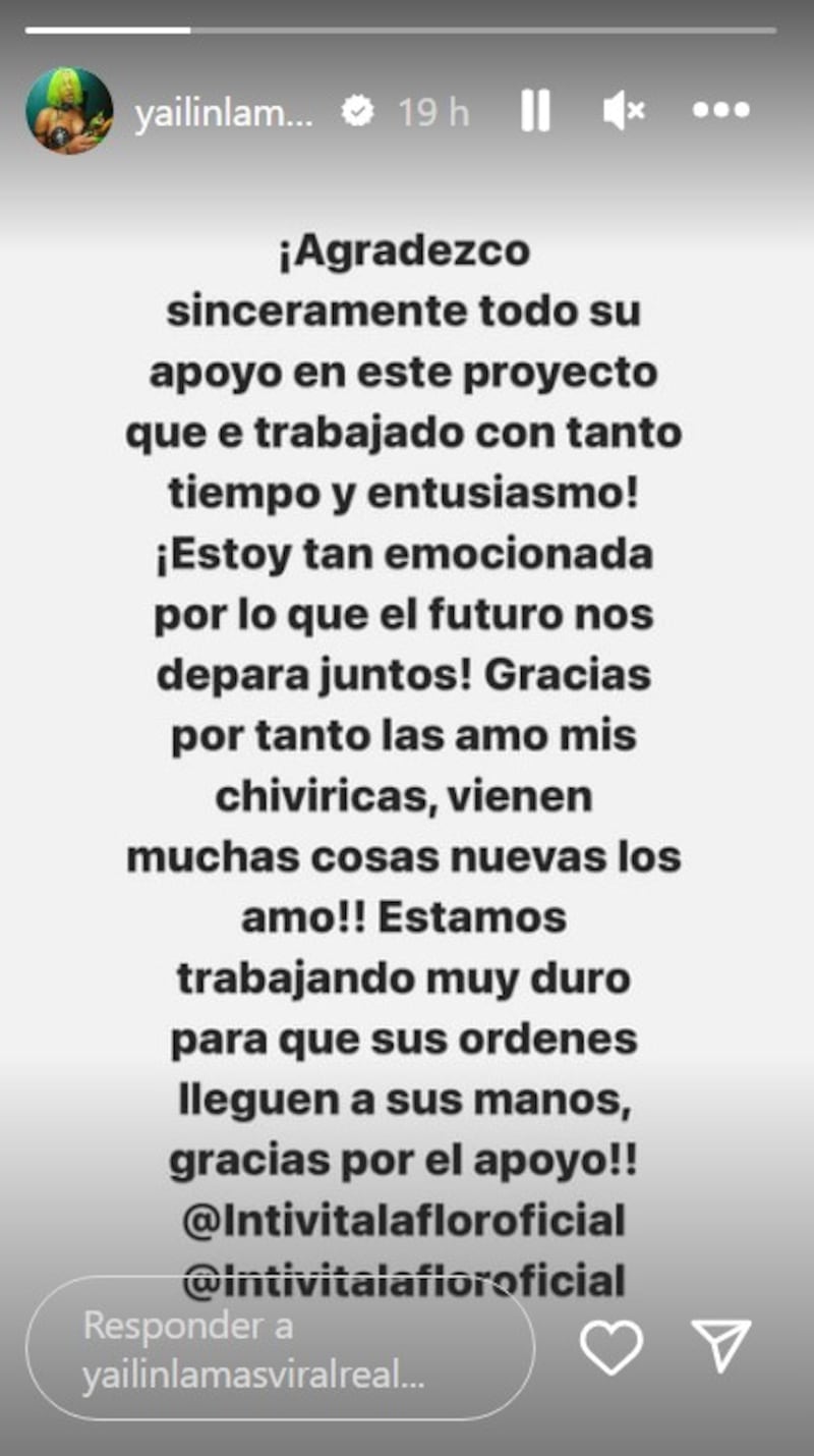 Yailin se pronunció en una historia de Instagram